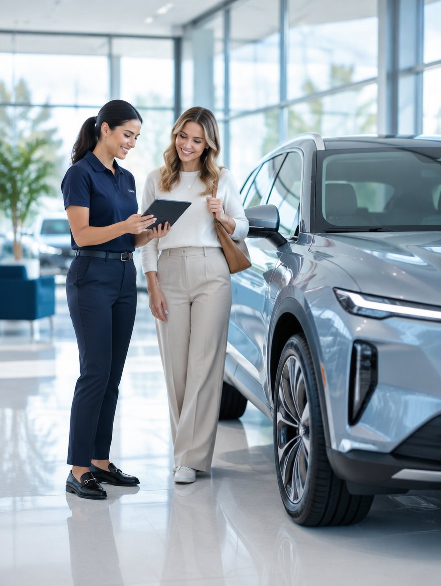 A dealership advisor with a tablet beside a new electric SUV in a bright showroom