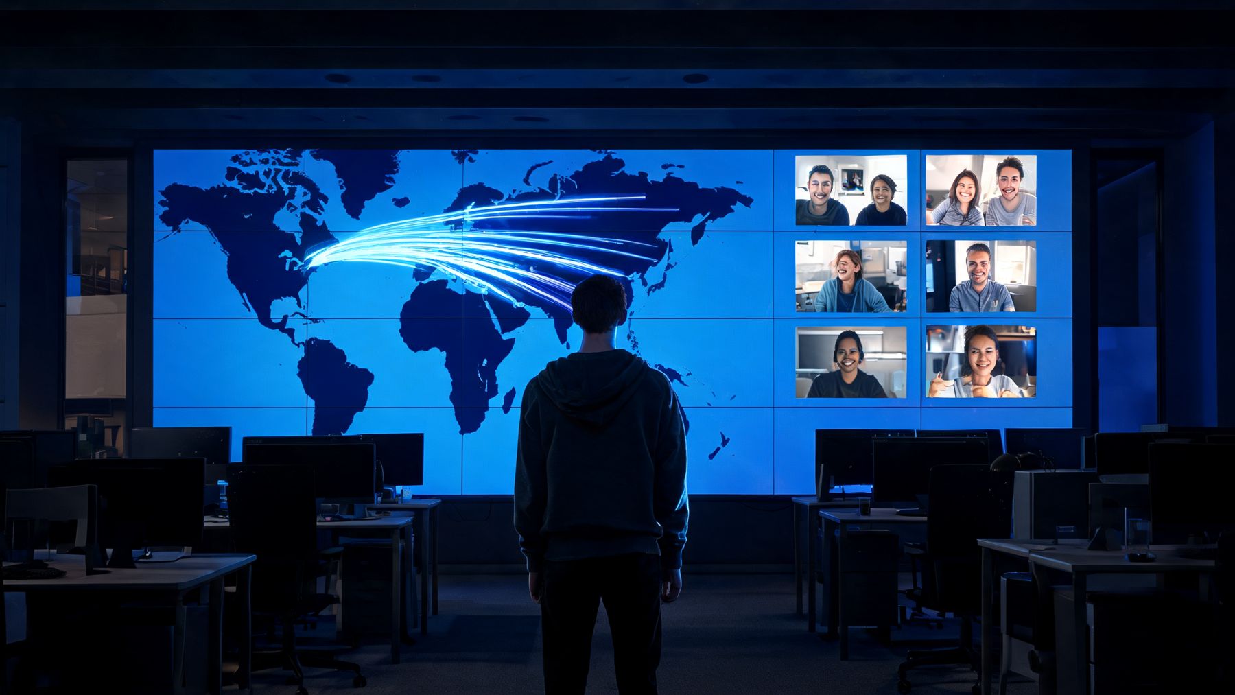 An engineer in a US office stands before a video wall showing light trails from North America across the world and teammates on a video call