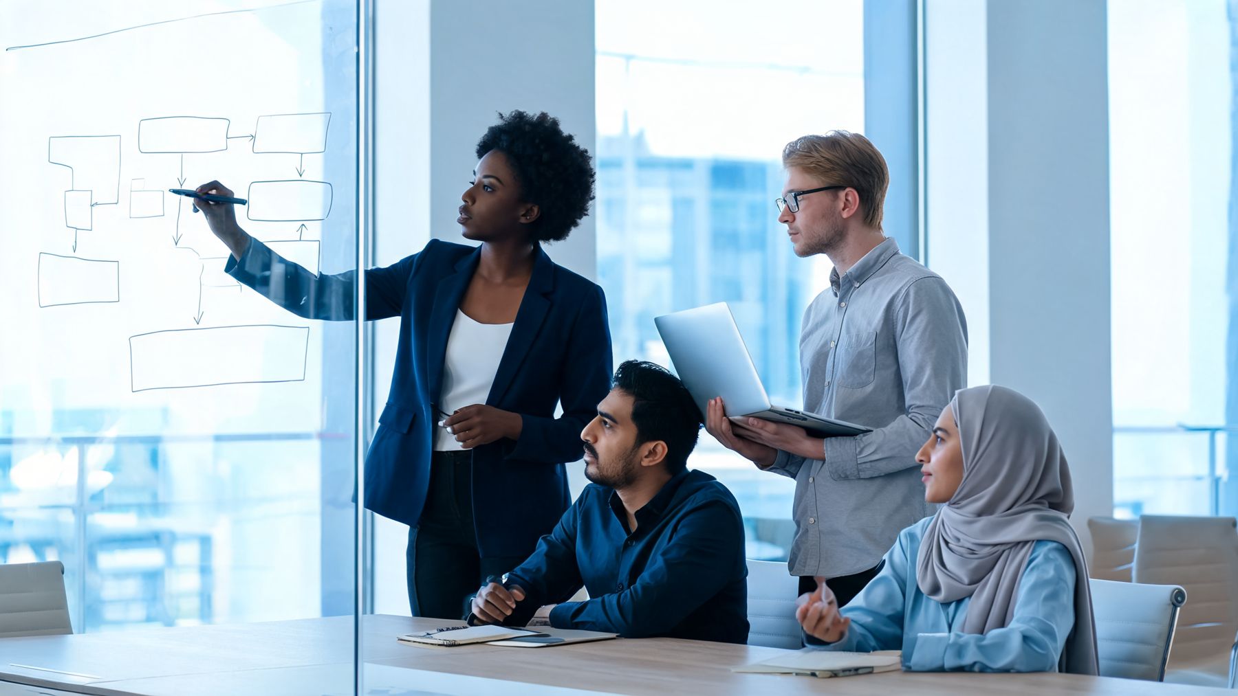An international elama team maps a workflow on a glass wall with a client team around the table