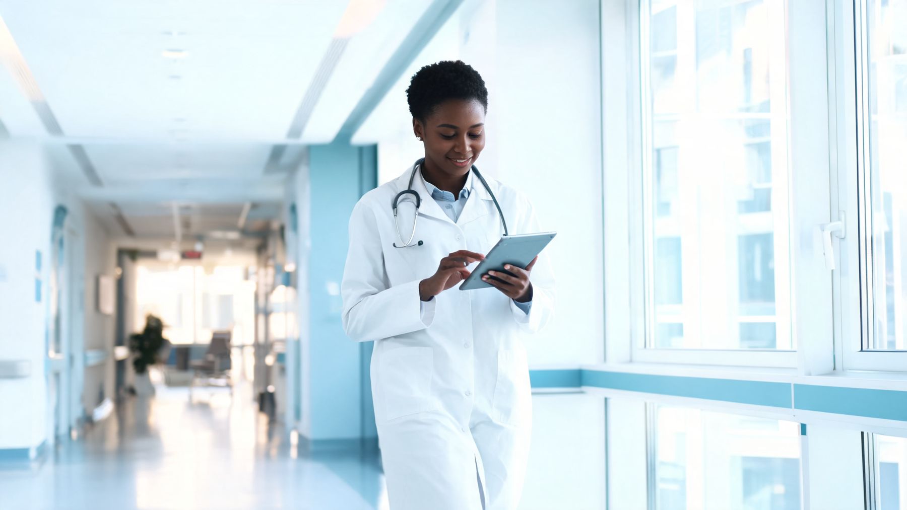 A doctor reads patient information on a tablet in a bright hospital corridor