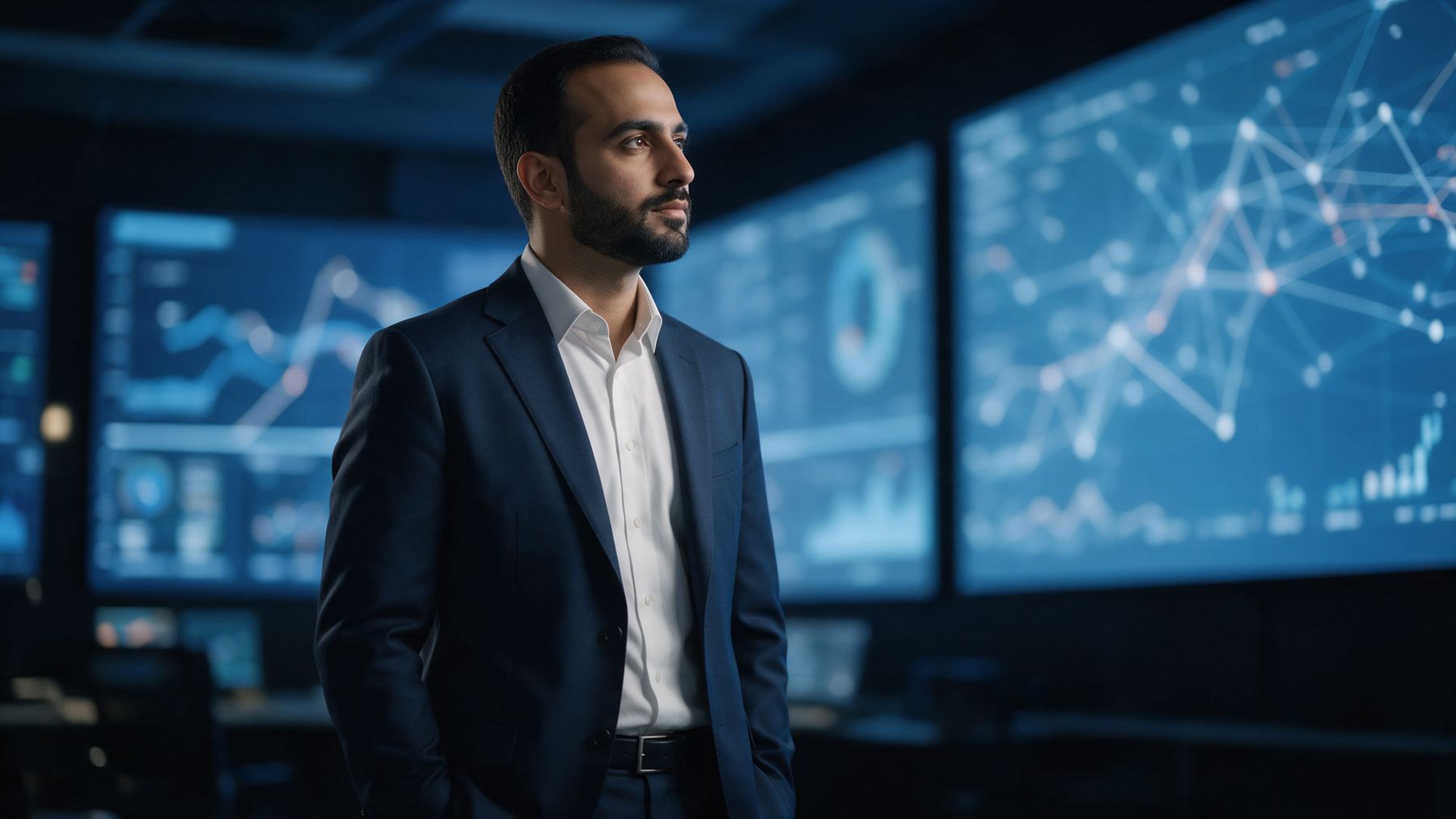 An operations director stands in front of large screens showing live systems and network data