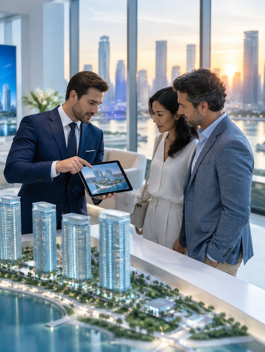 A property advisor shows a couple a 3D building model on a tablet in a bright sales gallery
