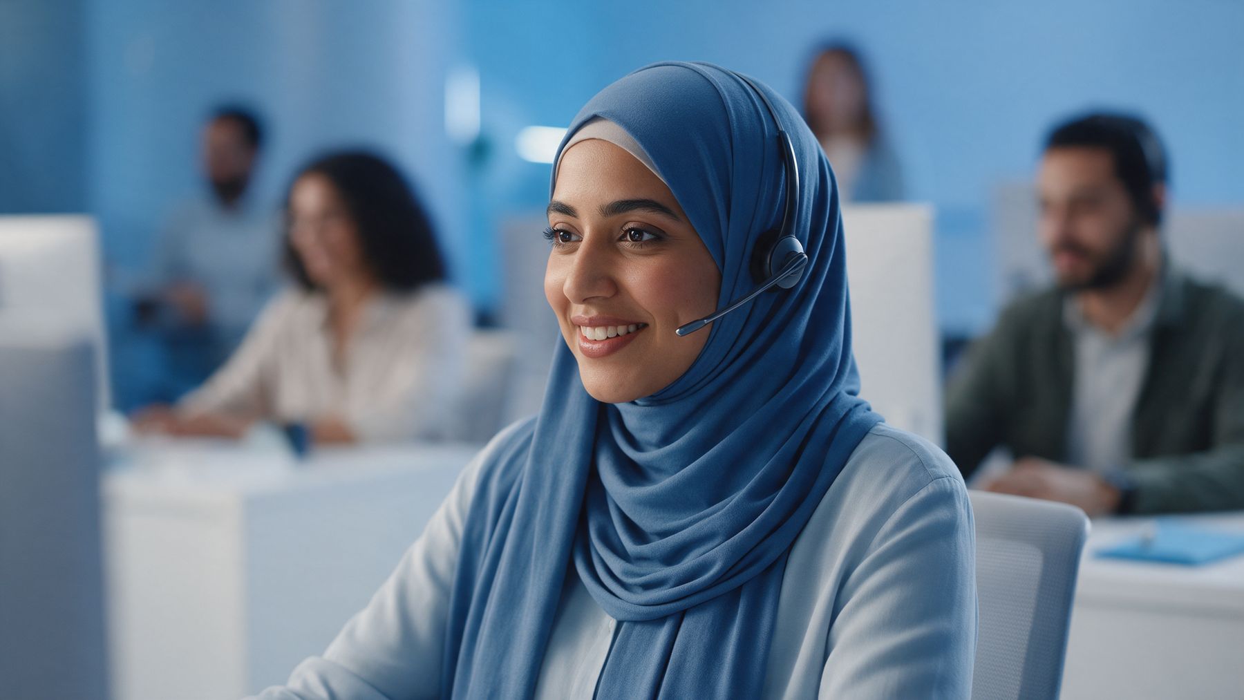 A customer experience lead with a headset listens to a caller in a modern contact centre